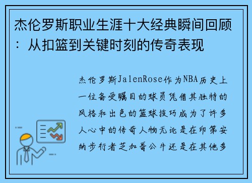 杰伦罗斯职业生涯十大经典瞬间回顾：从扣篮到关键时刻的传奇表现