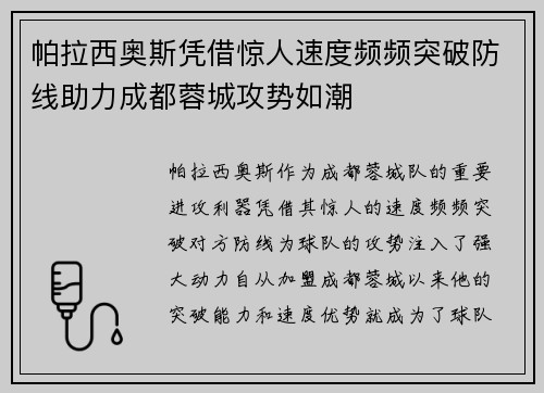 帕拉西奥斯凭借惊人速度频频突破防线助力成都蓉城攻势如潮
