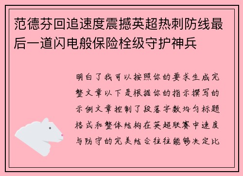 范德芬回追速度震撼英超热刺防线最后一道闪电般保险栓级守护神兵 范德芬回追速度震撼英超热刺防线最后一道闪电般保险栓级守护神兵