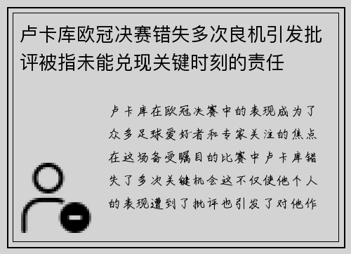 卢卡库欧冠决赛错失多次良机引发批评被指未能兑现关键时刻的责任